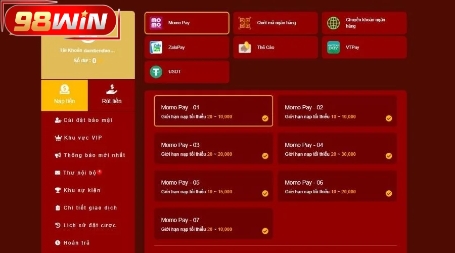 Chọn cách thức nạp tiền 98WIN phù hợp