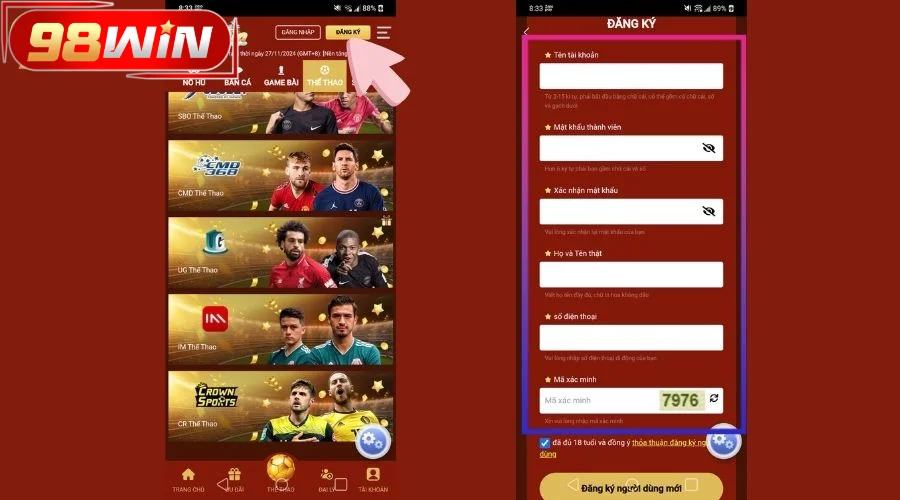 Đăng ký 98WIN qua app