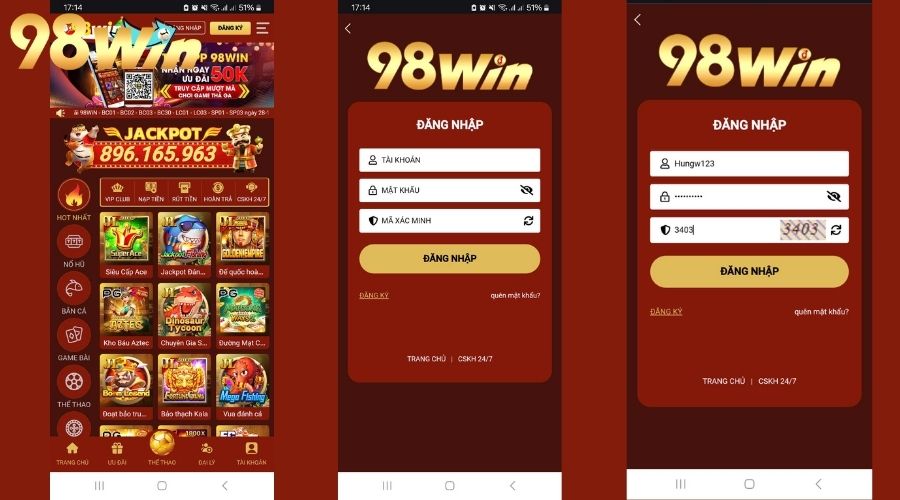 Đăng nhập 98WIN qua website trên điện thoại