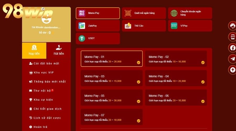 Nhà cái 98WIN hỗ trợ đa dạng phương thức thanh toán