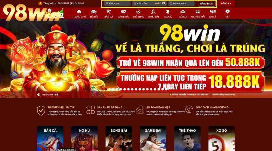 Truy cập 98WIN -> Đăng nhập tài khoản